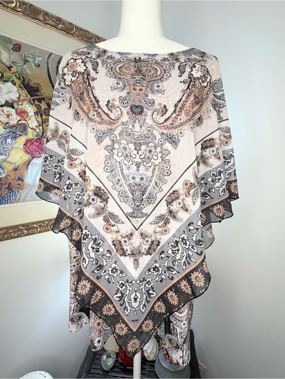 Cato Woman 14/16W Paisley Poncho Blouse Embellished Sheer Overlay Boho Top